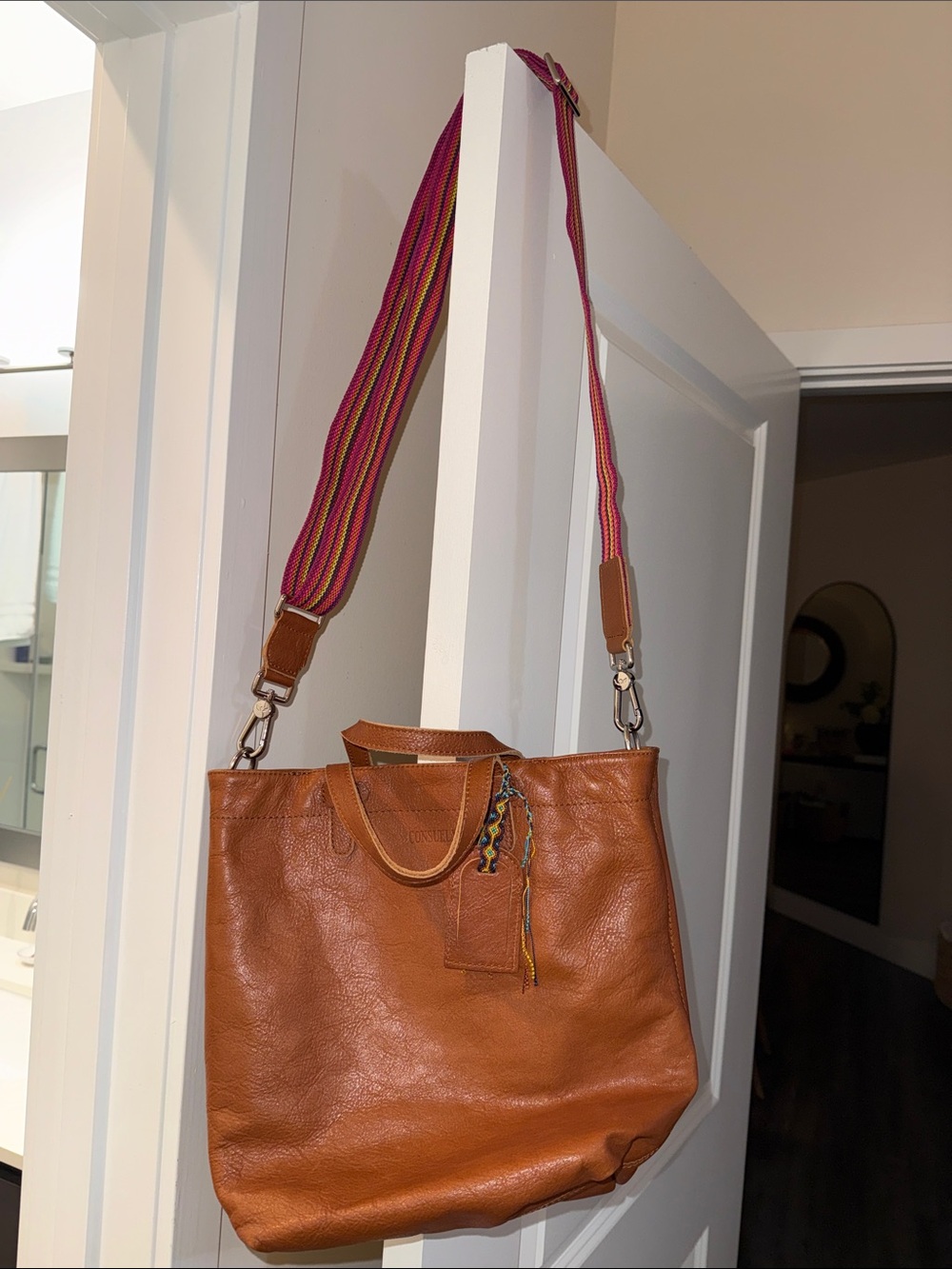 Consuela Brown Leather Shoulder Bag with Striped Pink Strap